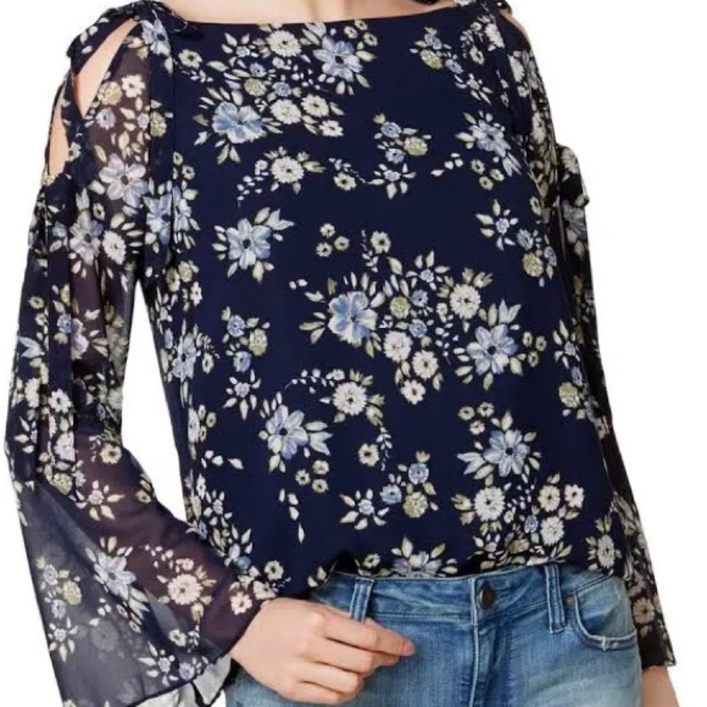 Maison Jules Blue and White Floral Bell Sleeve Blouse with Cut Out Details
